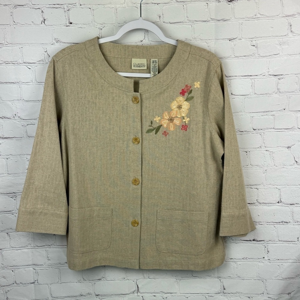 Classic Elements Beige Button Up Floral Embroidered Linen Blend Jacket Medium